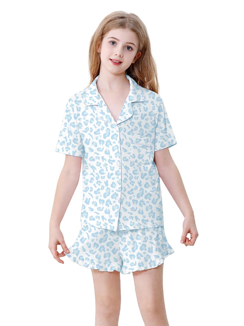 Schbbbta Pajamas for Girls Ruffle Button Up Sleepwear 2 Piece Pjs Set Soft Loungewear Nightwear, Blue Leopard, 9-10 Years - Image 2