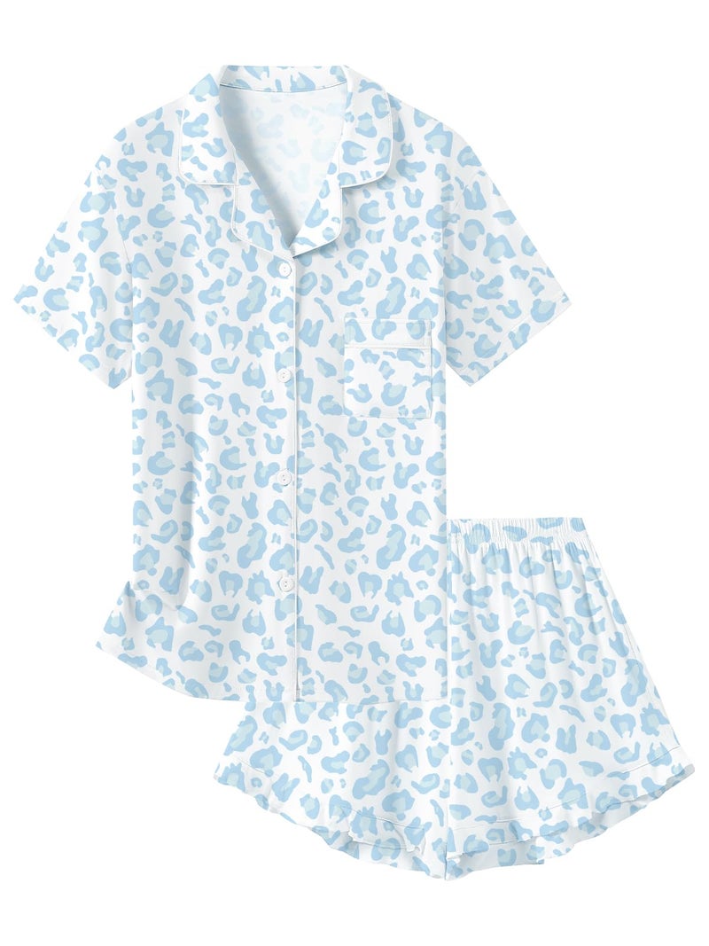 Schbbbta Pajamas for Girls Ruffle Button Up Sleepwear 2 Piece Pjs Set Soft Loungewear Nightwear, Blue Leopard, 9-10 Years - Image 1