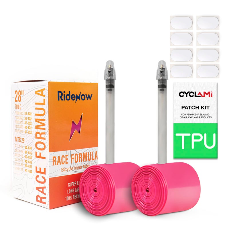 Cyclami RideNow TPU Tube 700C/28'' Gravel & 29'' MTB Bike Inner Tire Compatible with 700 x 32C-47C, 2-Pack 29'' Mountain Bicycle Valve Length Presta 45mm Ultralight (Include 8 PCS Bike Inner Tire Patch) - Image 1