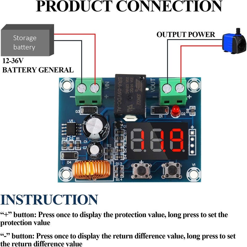 Weewooday DC 12V-36V Voltage Protection Module Digital Low Voltage Protector Disconnect Switch Over Discharge Protection Module Output 6-60V, Low Power Disconnection (2 Pieces) - Image 2