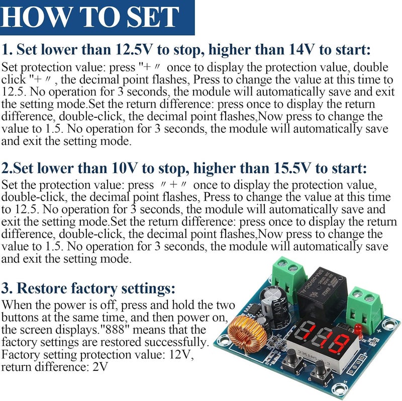 Weewooday DC 12V-36V Voltage Protection Module Digital Low Voltage Protector Disconnect Switch Over Discharge Protection Module Output 6-60V, Low Power Disconnection (2 Pieces) - Image 3