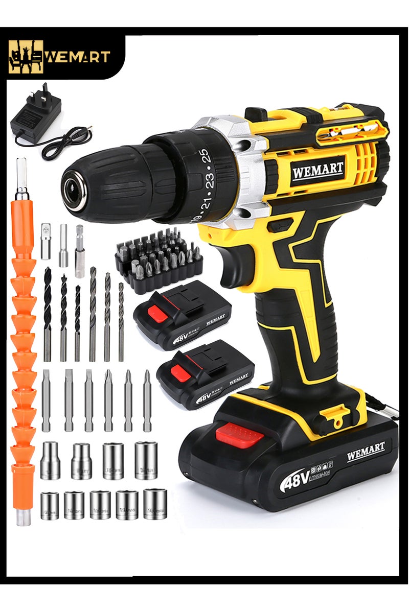 WEMART 48V Cordless Drill, Two Li-Ion Batteries and Fast Charger, 3/8" Drill Kit, 25+3 Position Clutch, LED Work Light, Variable Speed ​​Drill, 186 lbs of Torque, 24 Accessories + 32-Piece Drill Bit Box - Image 1