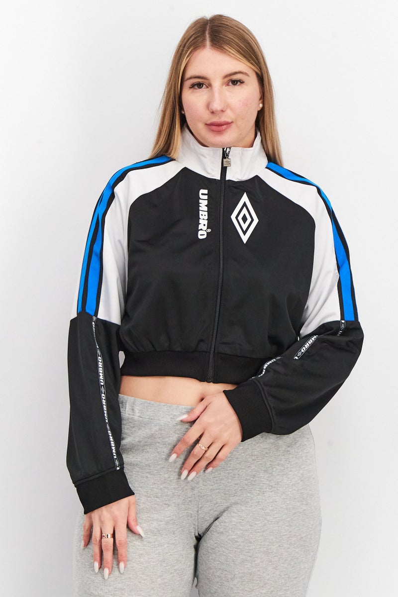 umbro Women Mock Neck Long Sleeve Brand Logo Crop Top Sweatshirt, Black And White - Image 1