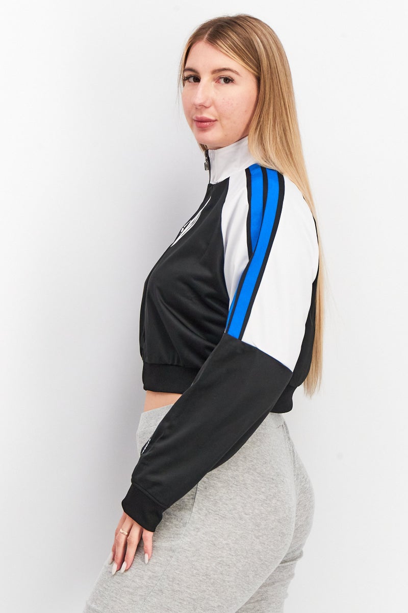 umbro Women Mock Neck Long Sleeve Brand Logo Crop Top Sweatshirt, Black And White - Image 2