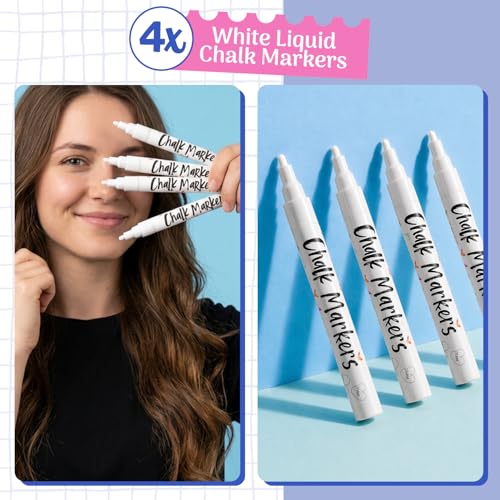 Chalkola White Chalk Markers Fine Tip 4 Pack 3mm Wet Dry Erase Chalk Pens for Blackboard Chalkboards Windows Signs Glass Bistro 3mm Reversible Bullet Chisel Point - Image 3