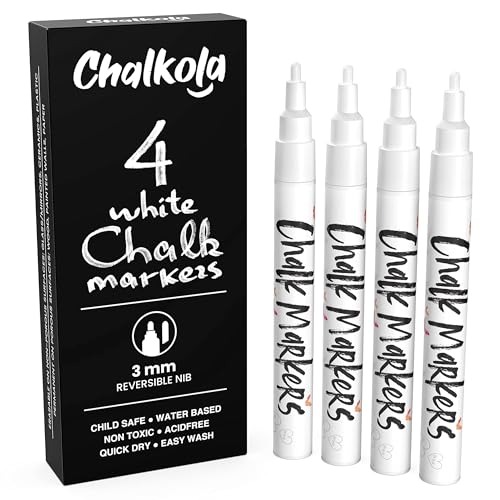 Chalkola White Chalk Markers Fine Tip 4 Pack 3mm Wet Dry Erase Chalk Pens for Blackboard Chalkboards Windows Signs Glass Bistro 3mm Reversible Bullet Chisel Point - Image 1