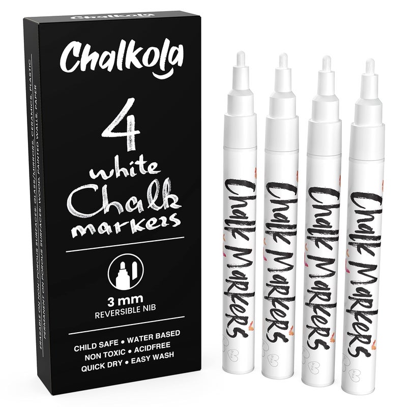 Chalkola White Chalk Markers Fine Tip 4 Pack 3mm Wet Dry Erase Chalk Pens for Blackboard Chalkboards Windows Signs Glass Bistro 3mm Reversible Bullet Chisel Point - Image 2