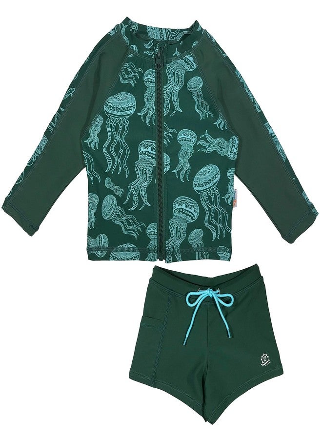 SwimZip Kids' Long Sleeve Rash Guard + Euro Shorties UPF 50+ Swimsuit Set Green - Image 1