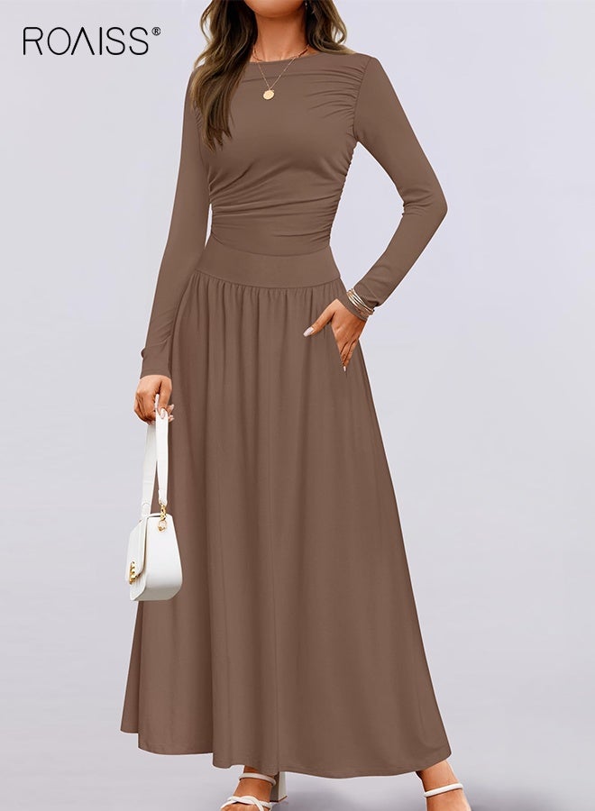 رويس فستان نسائي متوسط الطول بأكمام طويلة ورقبة دائرية كاجوال نحيف متأرجح مع جيوب وخصر مرتفع وفستان طويل مريح على شكل حرف A فستان للسيدات - Image 1