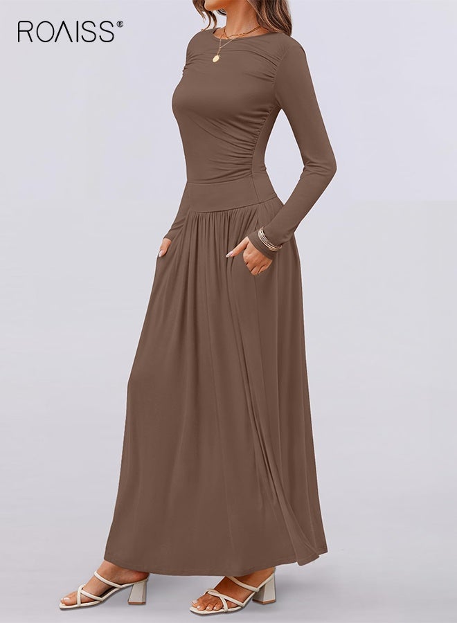 رويس فستان نسائي متوسط الطول بأكمام طويلة ورقبة دائرية كاجوال نحيف متأرجح مع جيوب وخصر مرتفع وفستان طويل مريح على شكل حرف A فستان للسيدات - Image 5