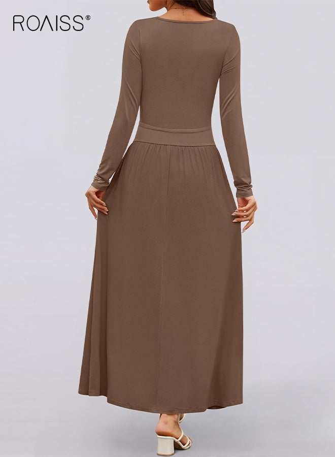 رويس فستان نسائي متوسط الطول بأكمام طويلة ورقبة دائرية كاجوال نحيف متأرجح مع جيوب وخصر مرتفع وفستان طويل مريح على شكل حرف A فستان للسيدات - Image 2
