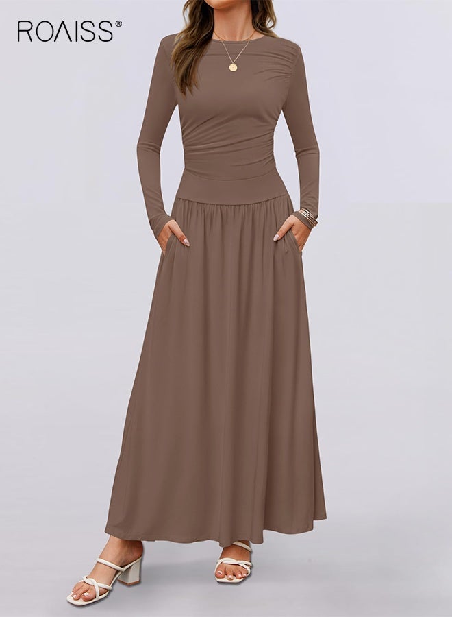 رويس فستان نسائي متوسط الطول بأكمام طويلة ورقبة دائرية كاجوال نحيف متأرجح مع جيوب وخصر مرتفع وفستان طويل مريح على شكل حرف A فستان للسيدات - Image 4