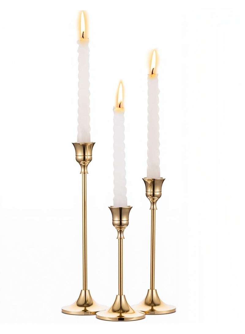Candlestick Holders Taper Candle Holders, Set of 3, Brass Gold Vintage Modern Decorative Centerpiece for Table Mantel Wedding - Image 3