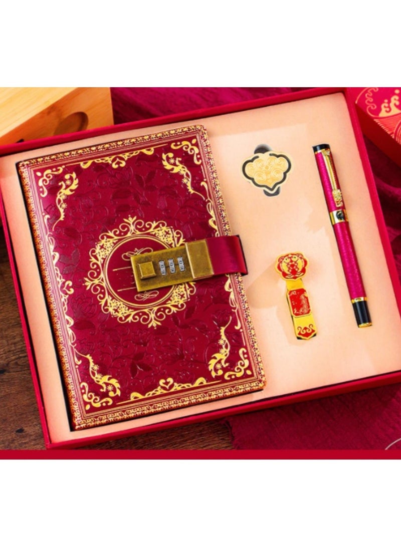 Nariele Retro Password Lock Nnotebook With USB Flash Drive Ruyi Buckle Neutral Pen Set