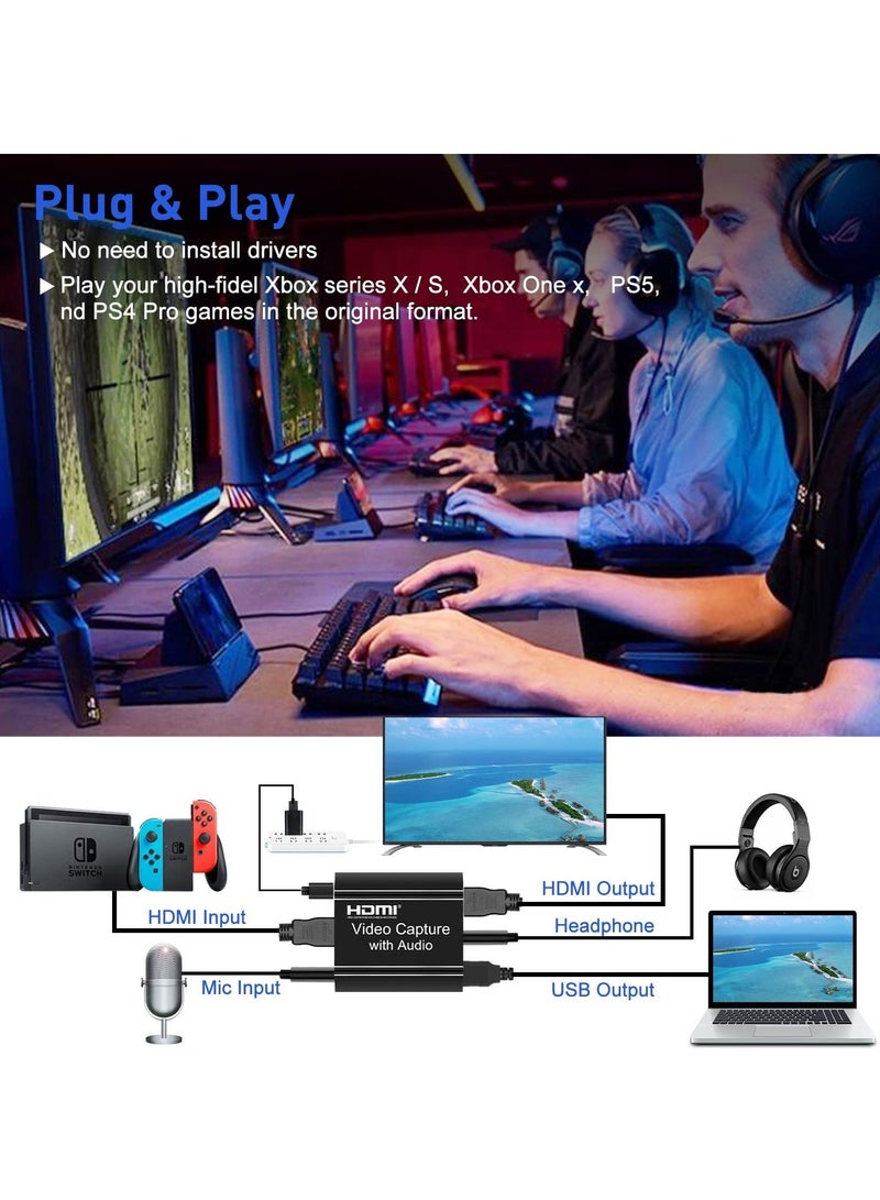 HDMI Capture Card, HDMI Video Capture Card with Loop-Out, 4K HDMI to USB Capture Card Audio Video Recorder for Gaming/Live Streaming/Video Conference, Compatible with Nintendo Switch/PS4/PS5/Xbox One - Image 4
