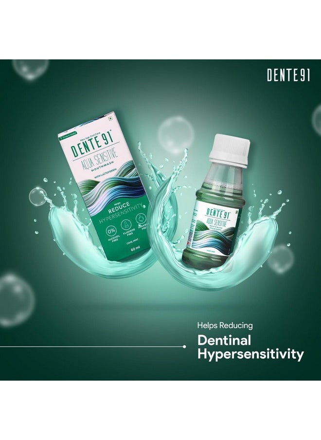 DENTE91 - Aqua Sensitive Mouthwash, Helps Reduce Sensitivity & Maintains Good Oral Hygiene, Fluoride Free, Paraben Free, Alcohol-Free, No Burning Sensation, Cool Mint Flavour, Pack Of 1, 60 Ml - Image 1