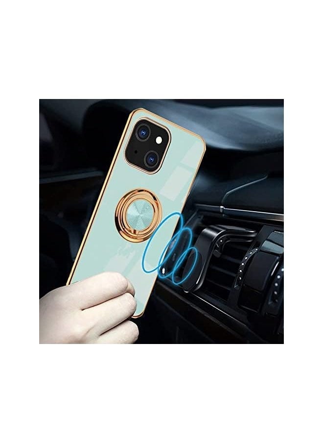 YoYoTech Luxury Silicone iPhone 14 Plus 6.7-Inch (2022) Soft TPU Shockproof 360 Degree Ring Holder Kickstand Slim Plated Phone Case Cover-Light Green - Image 1
