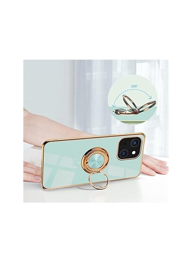 YoYoTech Luxury Silicone iPhone 14 Plus 6.7-Inch (2022) Soft TPU Shockproof 360 Degree Ring Holder Kickstand Slim Plated Phone Case Cover-Light Green - Image 4