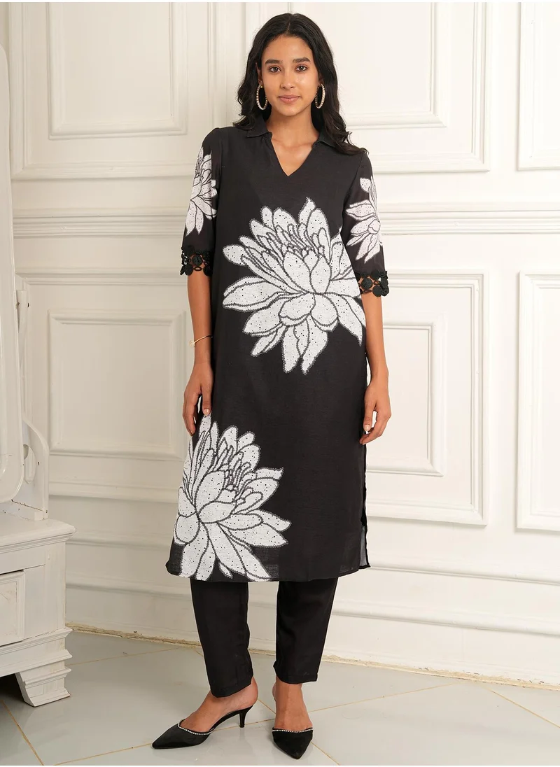 QISSA Women's Onyx Black Dahlia Imprint Kurta Set