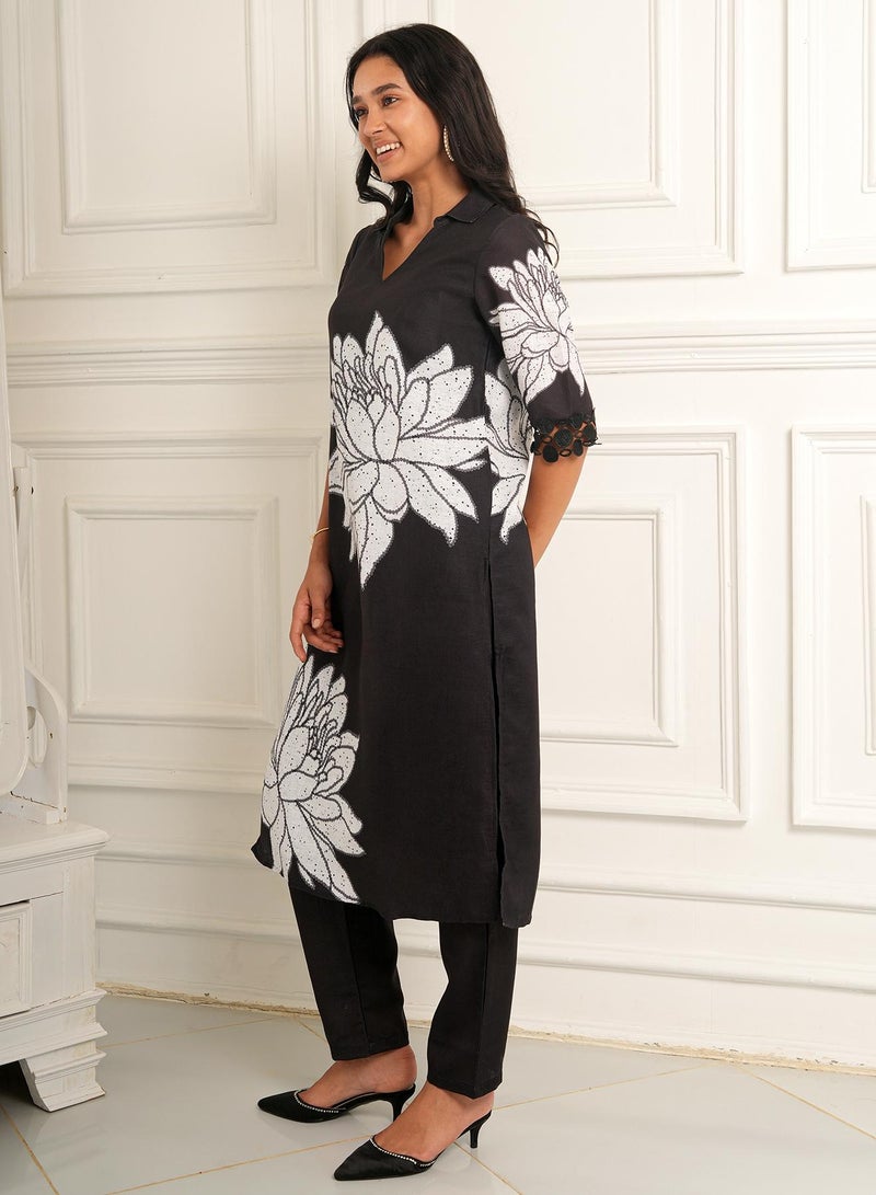  قصة Women's Onyx Black Dahlia Imprint Kurta Set  - Image 3