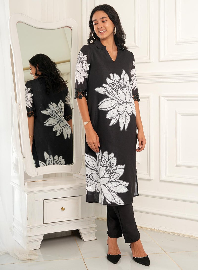  قصة Women's Onyx Black Dahlia Imprint Kurta Set  - Image 5