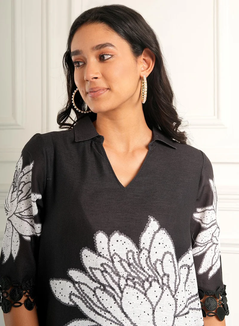 QISSA Women's Onyx Black Dahlia Imprint Kurta Set