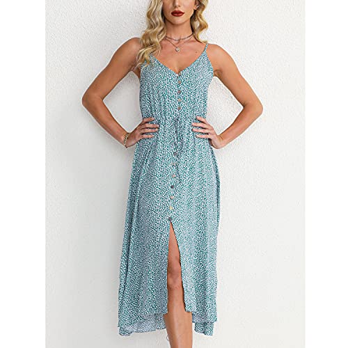 BROVAVE Women's 2025 Summer Casual Boho Sundress Polka Dot Spaghetti Strap V Neck Flowy Midi Dresses(008 Light Green, Medium) - Image 2