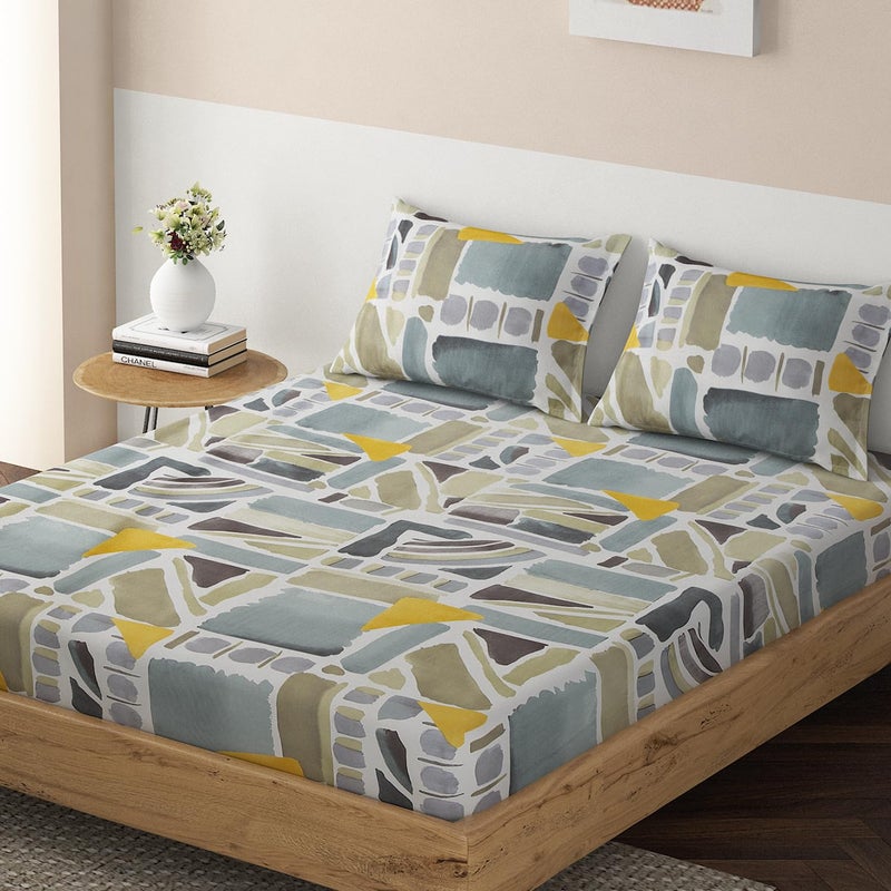 HOKIPO HOKIPO Brushed Microfiber 135 GSM Printed Elastic King Size Fitted Bedsheet, 78x72 inches with 2 Pillow Cover, Abstract Prints Grey (IN-630-D22)  - Image 1