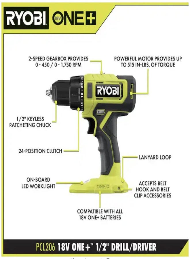 RYOBI ONE+ 18V Cordless 1/2 in. Drill/Driver (Tool Only) PCL206B Black Green - Image 2