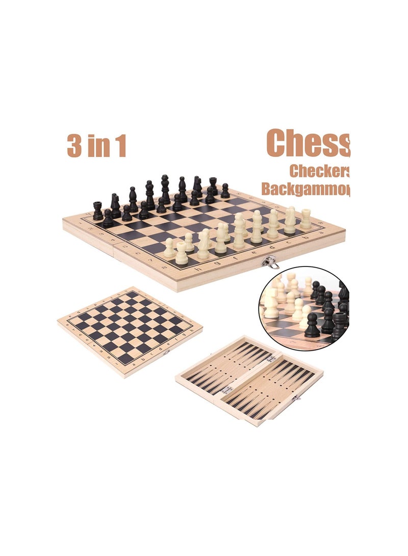 DeloPik Classic Wood Folding Chess Board 3 in 1 Wooden Chess, Checker and Backgammon Set - Image 3