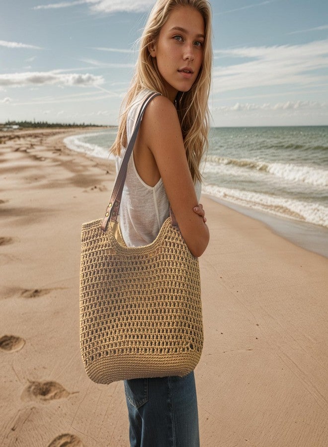 Bototack Straw Beach Tote Bag for Women - Large Summer Crochet Beach Bag, Boho Woven Shoulder Handbags for Vacation Travel, Khaki, Large, Bohemia - Image 2