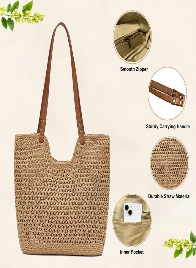Bototack Straw Beach Tote Bag for Women - Large Summer Crochet Beach Bag, Boho Woven Shoulder Handbags for Vacation Travel, Khaki, Large, Bohemia - Image 4