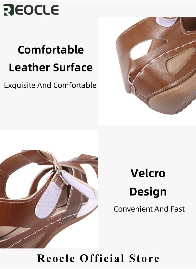 REOCLE Women's Summer Sandals Ladies' Soft PU Leather Thick Bottom Round Toe Casual Shoes with Buckle and Cutout Design Classic Buckle Vintage Breathable Non-slip Shoes - Image 2