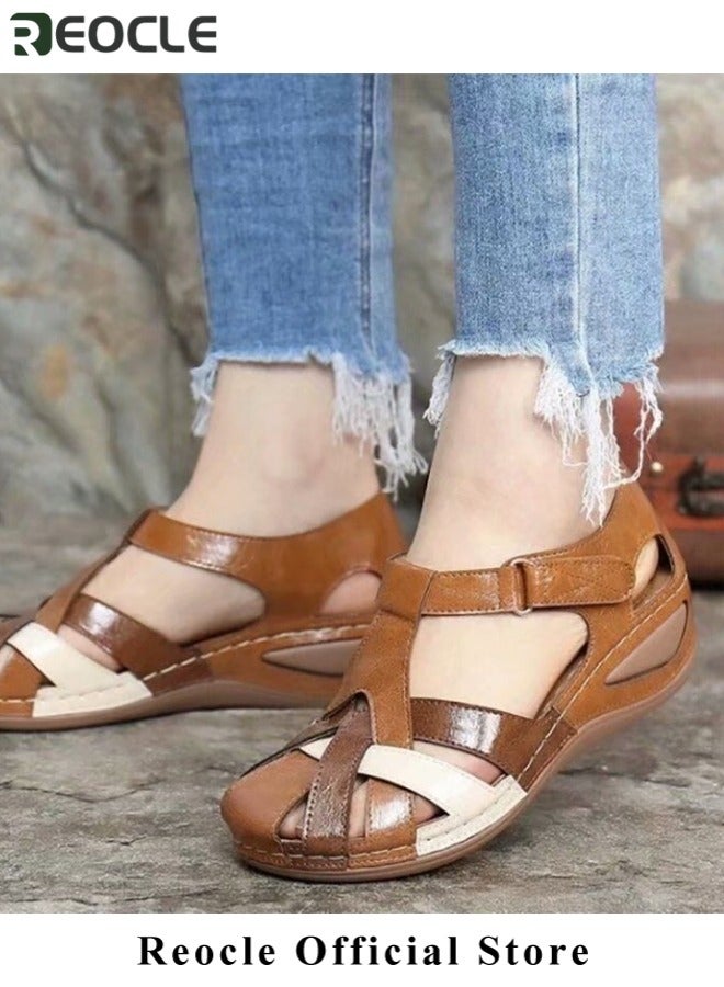 REOCLE Women's Summer Sandals Ladies' Soft PU Leather Thick Bottom Round Toe Casual Shoes with Buckle and Cutout Design Classic Buckle Vintage Breathable Non-slip Shoes - Image 3