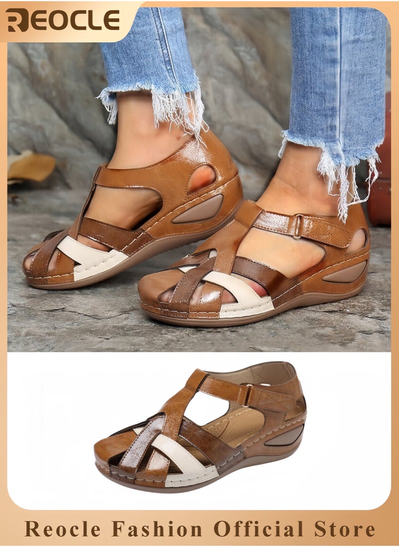 REOCLE Women's Summer Sandals Ladies' Soft PU Leather Thick Bottom Round Toe Casual Shoes with Buckle and Cutout Design Classic Buckle Vintage Breathable Non-slip Shoes - Image 1