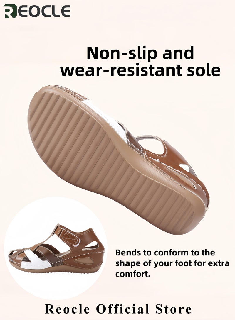 REOCLE Women's Summer Sandals Ladies' Soft PU Leather Thick Bottom Round Toe Casual Shoes with Buckle and Cutout Design Classic Buckle Vintage Breathable Non-slip Shoes - Image 4