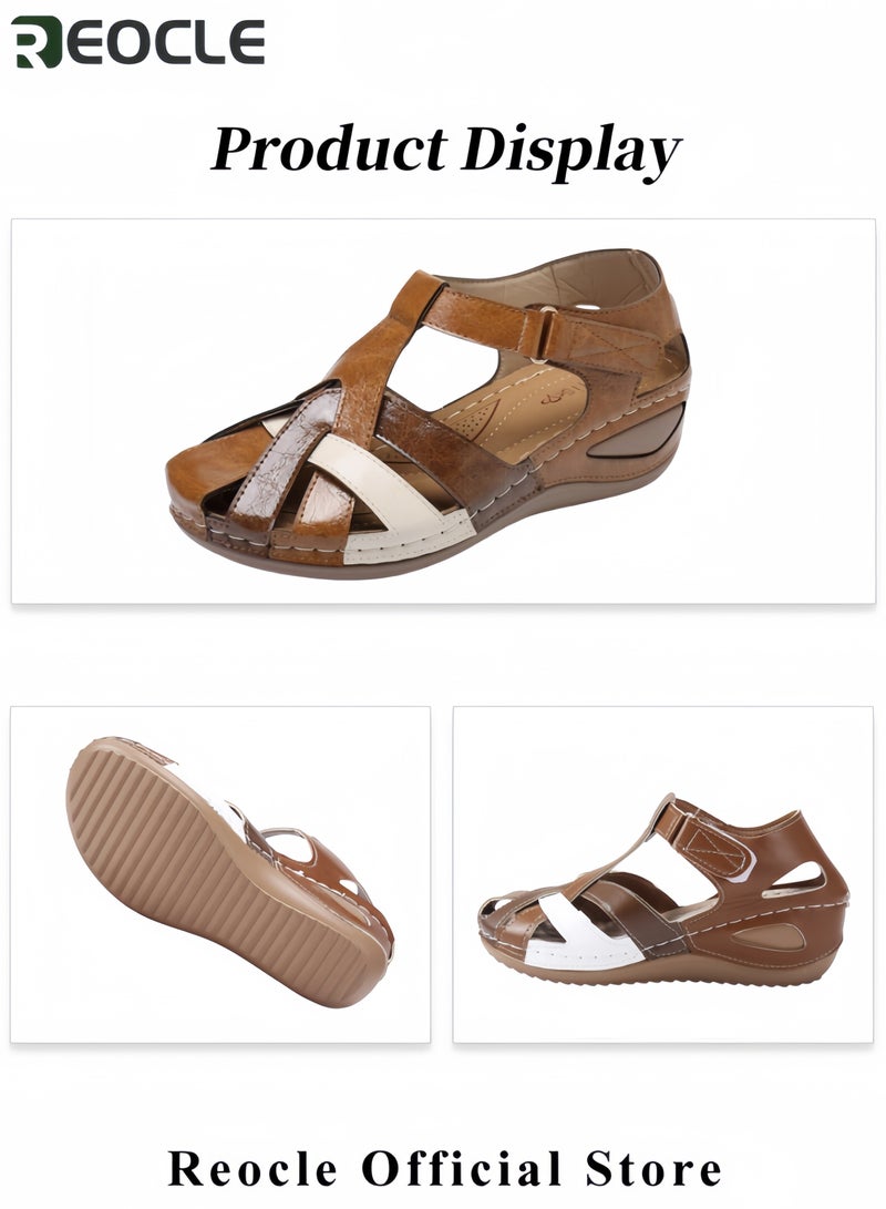 REOCLE Women's Summer Sandals Ladies' Soft PU Leather Thick Bottom Round Toe Casual Shoes with Buckle and Cutout Design Classic Buckle Vintage Breathable Non-slip Shoes - Image 5