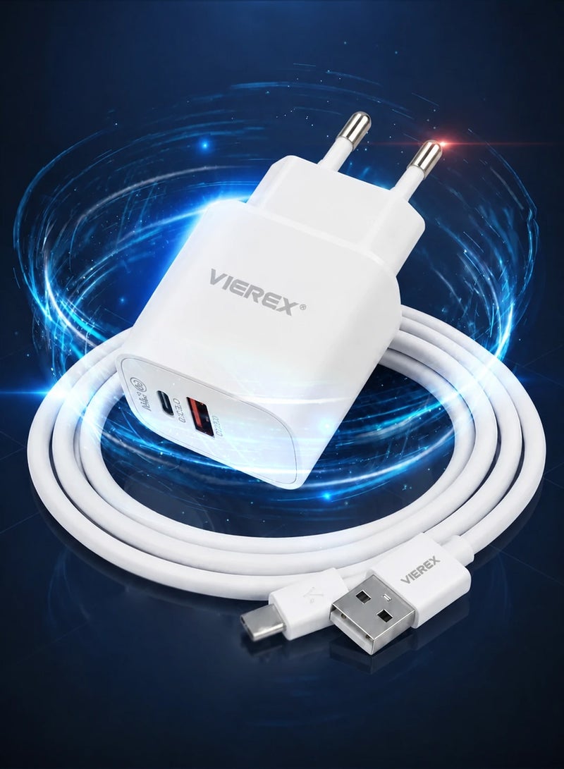 Vierex شاحن حائط سريع مزدوج المنفذ بقوة 25 واط يتضمن كابل USB-C إلى USB-C لسلسلة Type-C - Image 1
