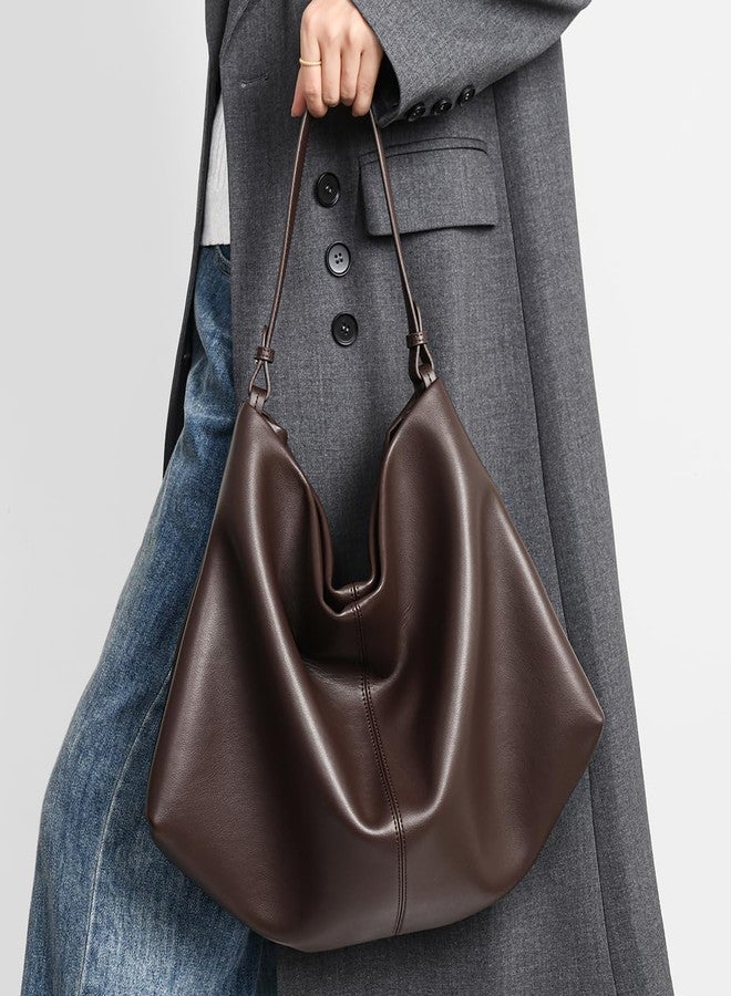 Covelin Minimalist Soft Leather Tote Bag - Adjustable & Detachable Crossbody Strap, Hobo Casual Shoulder Purse for Everyday Work Chocolate - Image 2