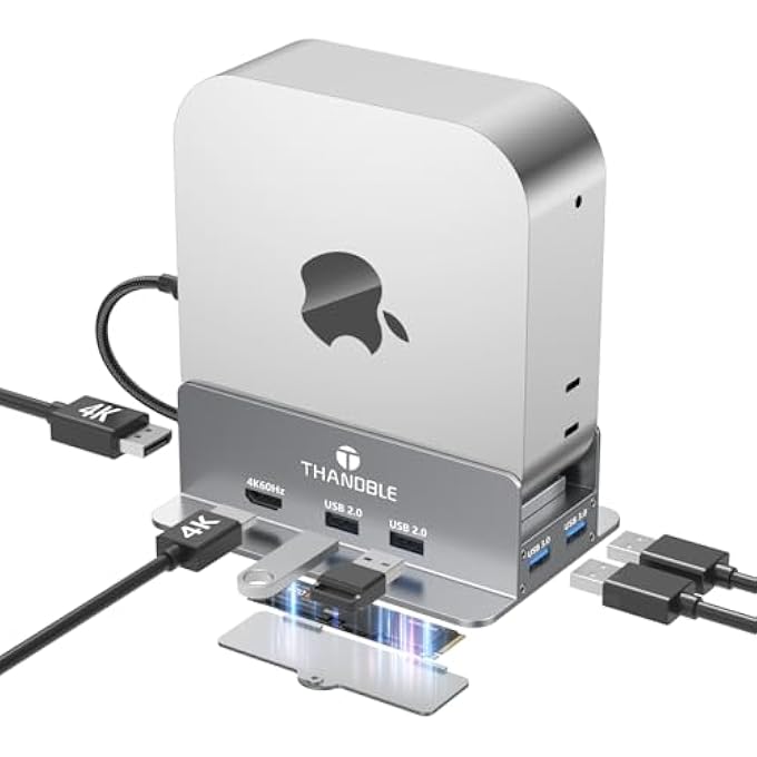 rayihni MAC MINI M4 DOCK & STAND WITH 4K60HZ HDMI AND DISPLAYPORT, M.2 NVME SSD ENCLOSURE, 4 USB-A PORTS, SD/TF CARD READER 9 IN 1 HUB FOR MAC MINI M4/M4 PRO - SILVER - Image 1