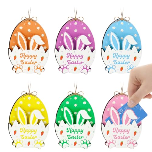 MUOUAKATE 6Pcs Easter Bunny Money Holder for Cash, Easter Basket Stuffers Gifts Card Holder with Egg Bunny Table Decorations Hanging Ornaments, Spring Wooden Cash Sleeves Gift Tags for Boy, Girl, Teens - Image 1