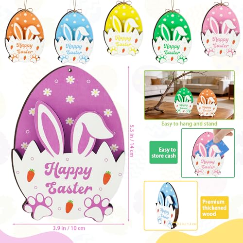 MUOUAKATE 6Pcs Easter Bunny Money Holder for Cash, Easter Basket Stuffers Gifts Card Holder with Egg Bunny Table Decorations Hanging Ornaments, Spring Wooden Cash Sleeves Gift Tags for Boy, Girl, Teens - Image 2