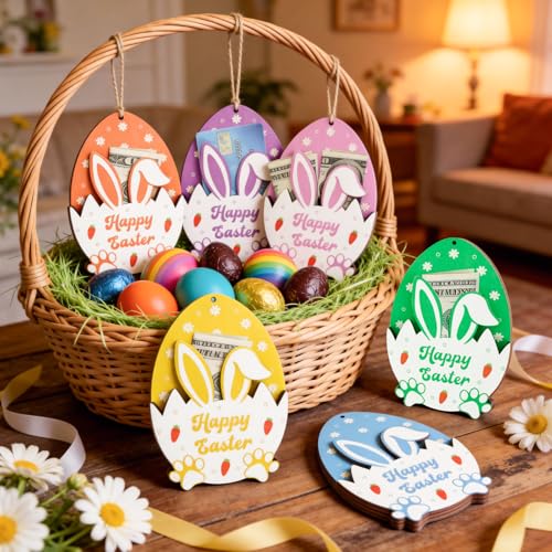 MUOUAKATE 6Pcs Easter Bunny Money Holder for Cash, Easter Basket Stuffers Gifts Card Holder with Egg Bunny Table Decorations Hanging Ornaments, Spring Wooden Cash Sleeves Gift Tags for Boy, Girl, Teens - Image 3