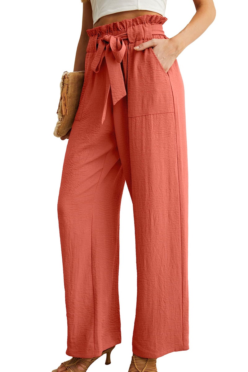 IWOLLENCE Women's Wide Leg Pants with Pockets High Waist Adjustable Knot Loose Casual Trousers Business Work Casual Pants Orange X-Large - Image 2