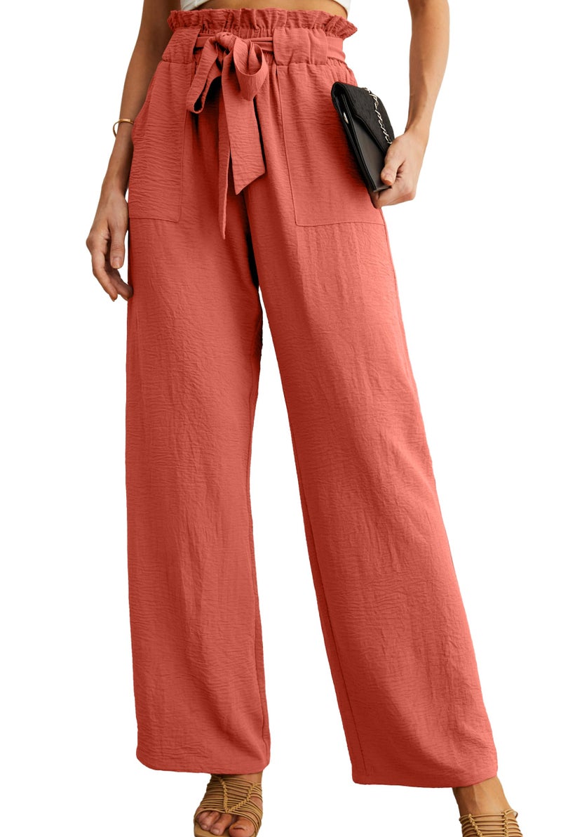 IWOLLENCE Women's Wide Leg Pants with Pockets High Waist Adjustable Knot Loose Casual Trousers Business Work Casual Pants Orange X-Large - Image 1