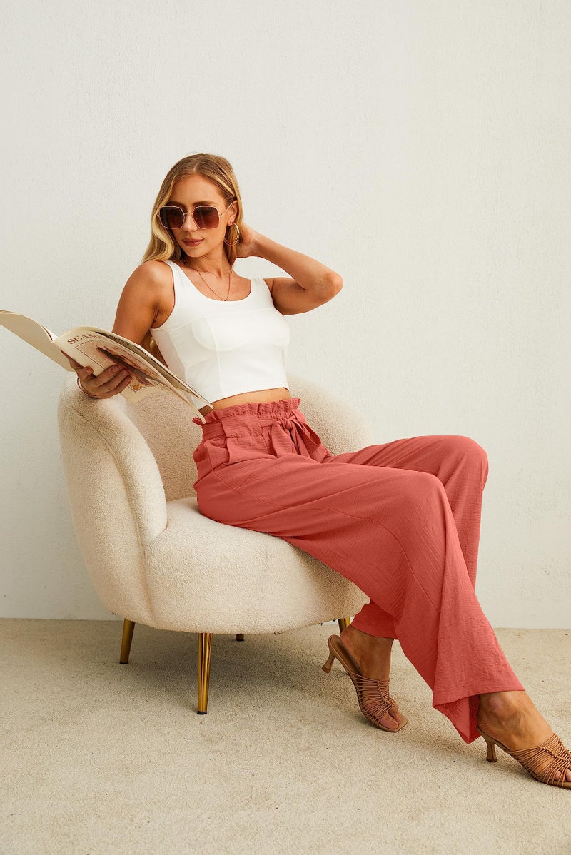 IWOLLENCE Women's Wide Leg Pants with Pockets High Waist Adjustable Knot Loose Casual Trousers Business Work Casual Pants Orange X-Large - Image 4
