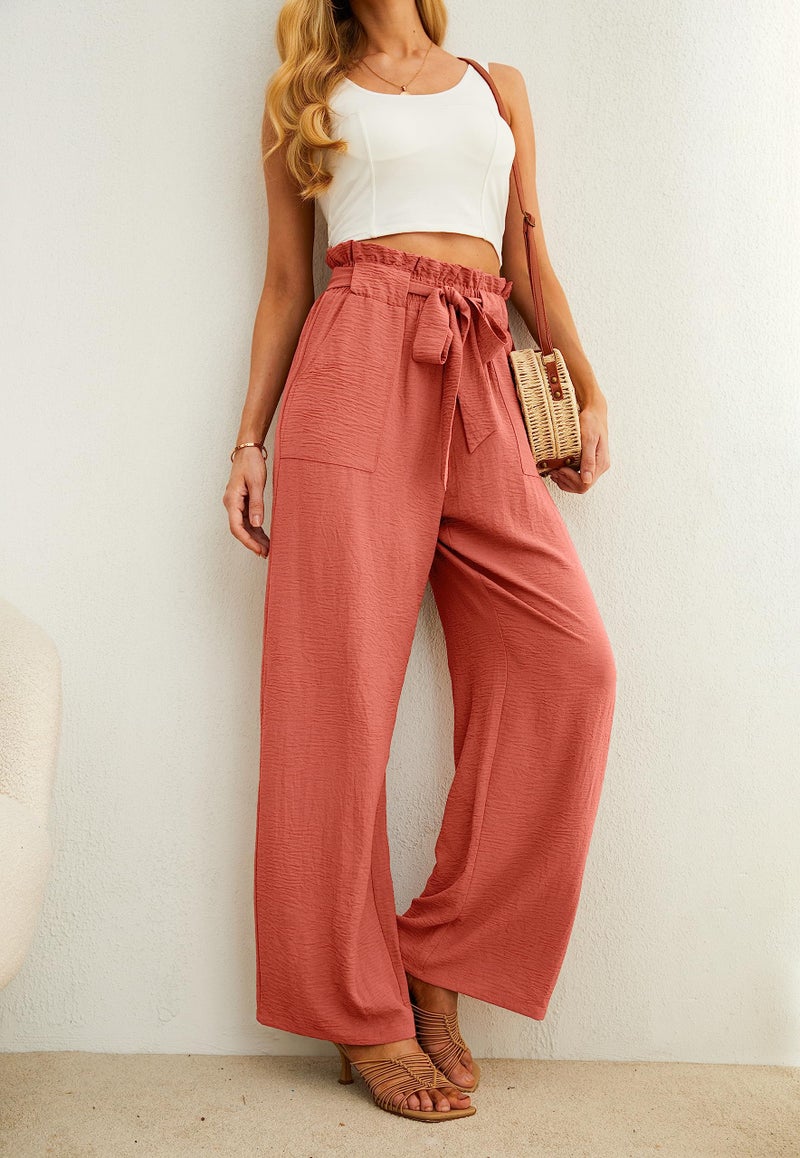 IWOLLENCE Women's Wide Leg Pants with Pockets High Waist Adjustable Knot Loose Casual Trousers Business Work Casual Pants Orange X-Large - Image 3