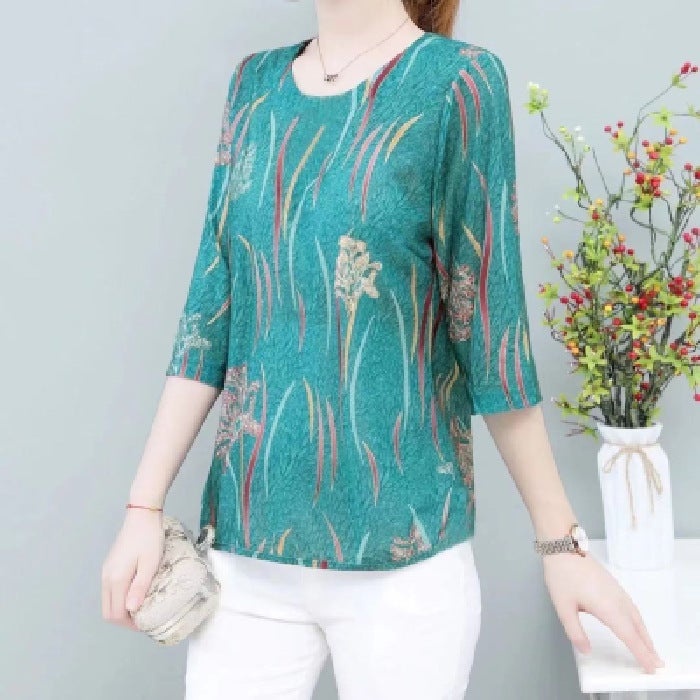 Cross-border Imitation Ice Silk Top Mother's Autumn Seven-sleeve 2021 New Women's Retro T-shirt Middle-aged and Elderly Base Shirt