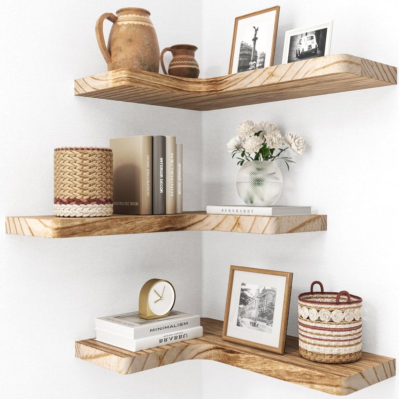 fuqing Floating Corner Shelves Wall Shelf Set of 3 Shelves for Wall Storage Solid Wood Shelves for Storage Wall Mount Wooden Display Shelf for Bathroom Bedroom Kitchen Garage Carbonized Black