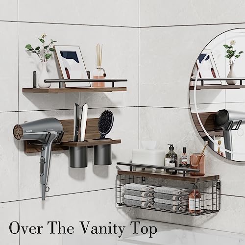 RoleDes Bathroom Floating Shelves with Hair Dryer Holder - Wall Mounted Wood Wall Shelf with Blow Dryer Storage Over The Toilet - Set of 3 Rustic Brown Farmhouse Decor - Image 3